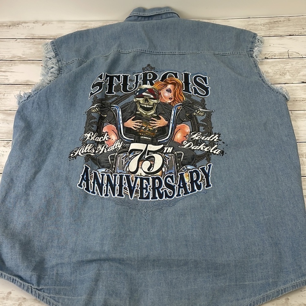 STURGIS MOTORCYCLE BLACK HILLS VALLEY SLEEVELESS JEAN SHIRT SZ XL